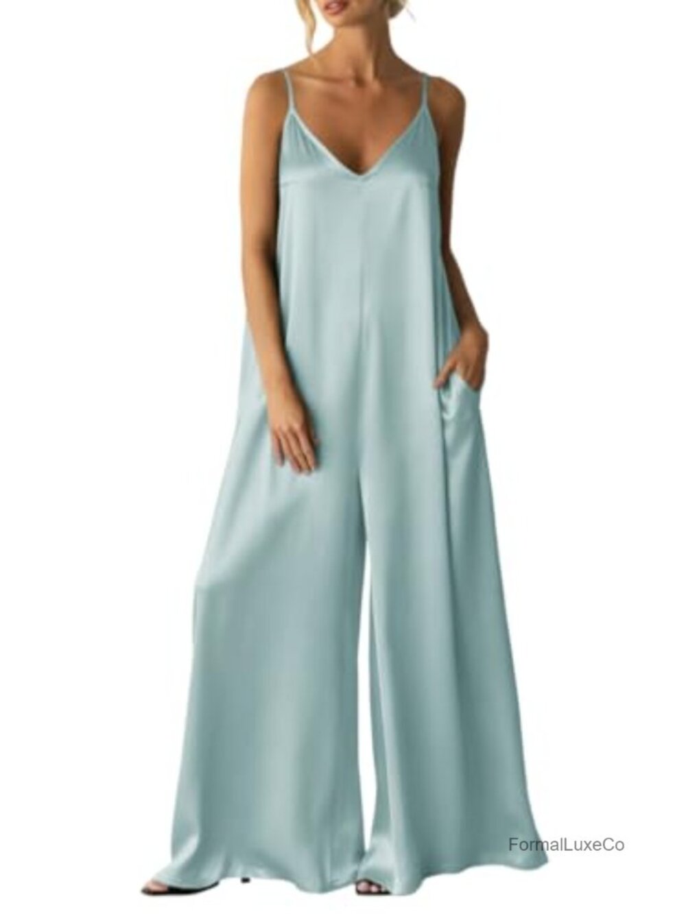 Womens Satin Wide Leg Jumpsuit Dressy Flowy Romper V-Neck